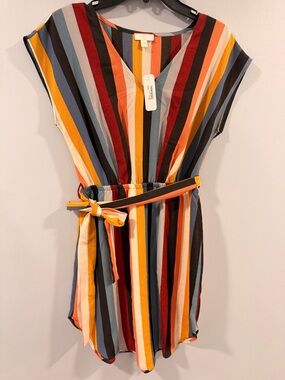 Multicolor Striped V-Neck Belted Women's Dress